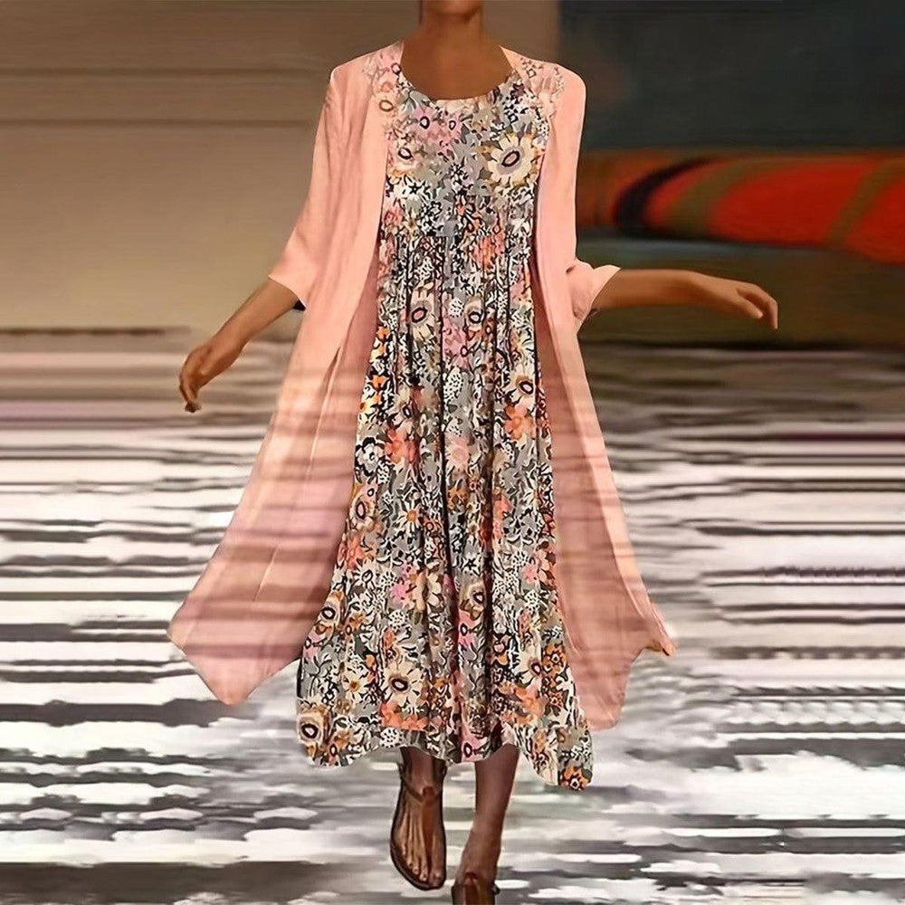 Vestido midi rosa con ropa de abrigo