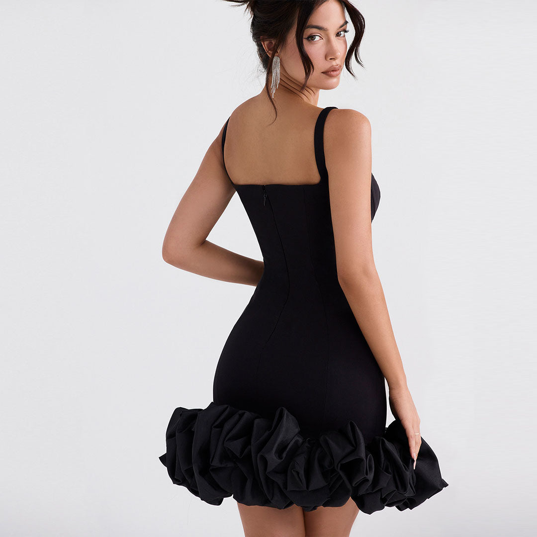 Delia - Minivestido de noche sin mangas con escote cuadrado y bajo con volantes