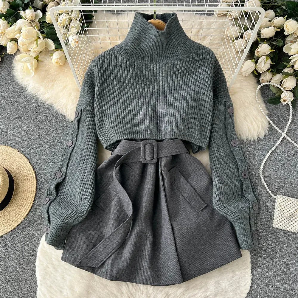 Traje de dos piezas con falda corta de punto y chaleco, elegante y versátil perfecto para un look contemporáneo y femenino