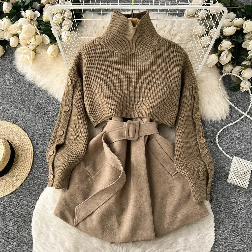 Traje de dos piezas con falda corta de punto y chaleco, elegante y versátil perfecto para un look contemporáneo y femenino