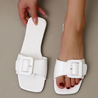 Sandalias planas mujer punta abierta con hebilla en cuero blanco - Elina