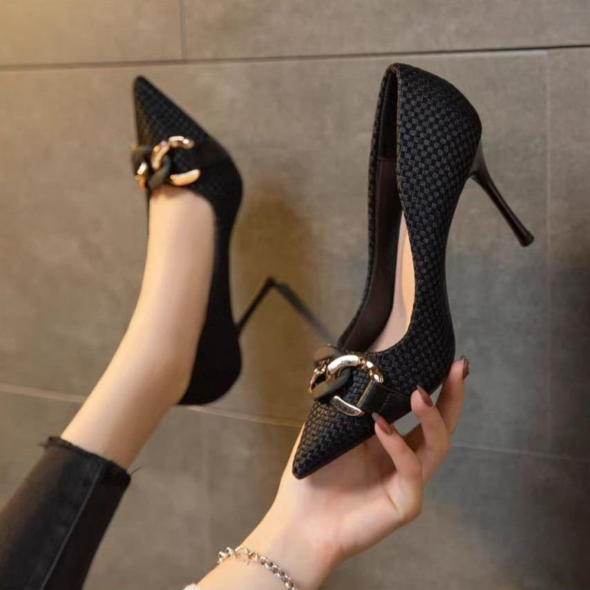 Zapatos de tacón para mujer de textura tejida adorno metálico elegante - Mireille