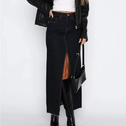 Falda larga para mujer denim tiro alto con abertura trasera - Emilie