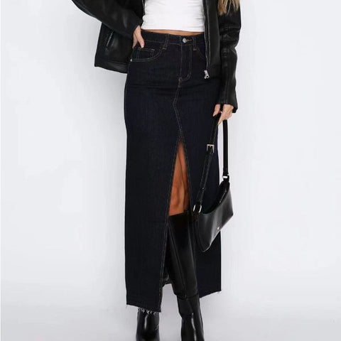 Falda larga para mujer denim tiro alto con abertura trasera - Emilie