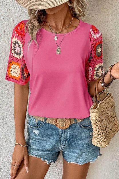 Hanna - Top de ganchillo con mangas cortas y estampado floral