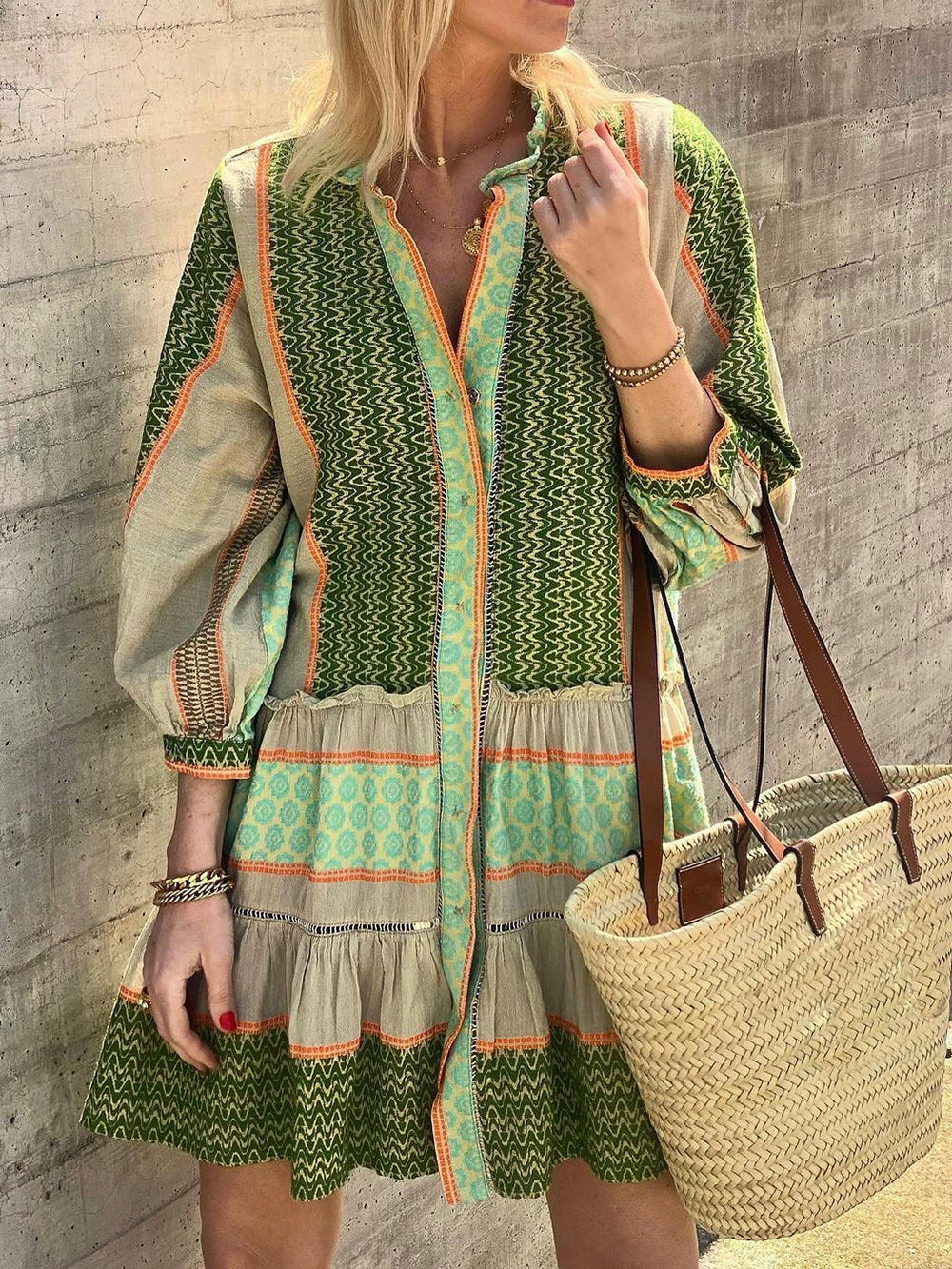 Gloria - Minivestido de manga tres cuartos con estampado étnico