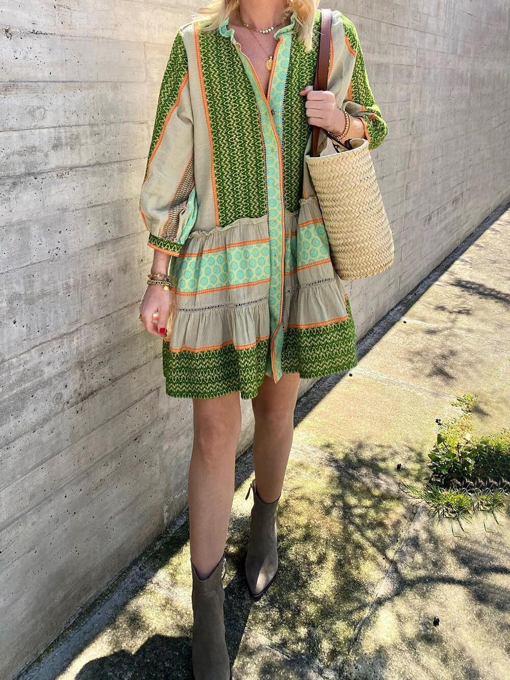 Gloria - Minivestido de manga tres cuartos con estampado étnico