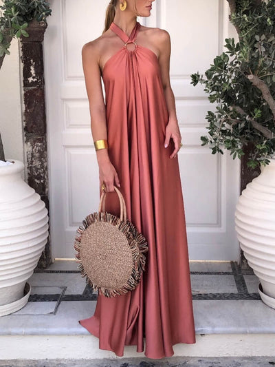 Emilia - Vestido de verano acampanado de satén con cuello halter