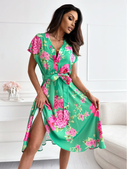 Vestido mujer estampado floral manga corta con cinturón verde - Mirella