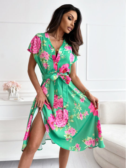 Vestido mujer estampado floral manga corta con cinturón verde - Mirella