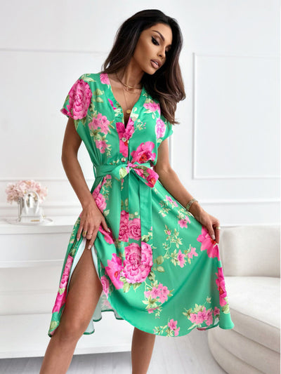 Vestido mujer estampado floral manga corta con cinturón verde - Mirella