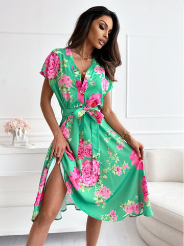Vestido mujer estampado floral manga corta con cinturón verde - Mirella