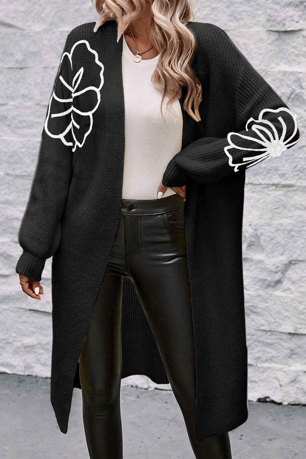 Arleth Flower Embroidered Drop Shoulder Open Duster Cardigan