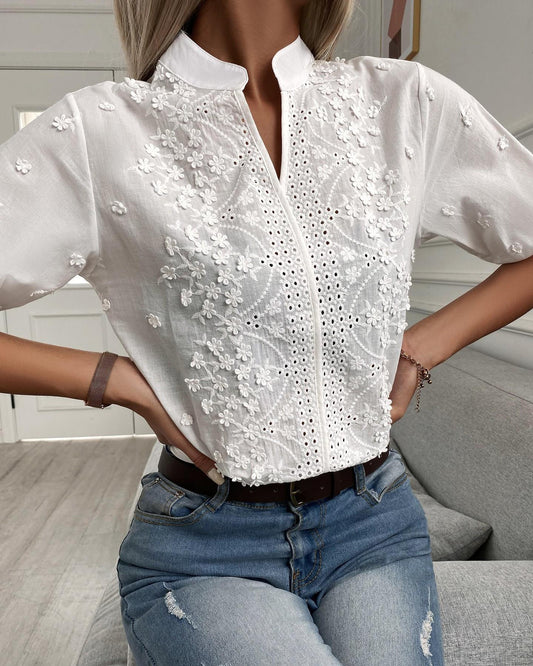 Diana - Blusa femenina de encaje con escote alto y escote en V