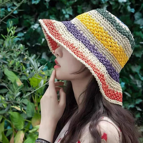 Colorido sombrero de cubo tejido a mano de moda