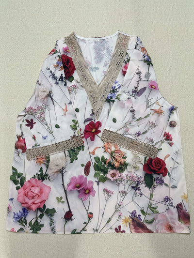 Owienna - Camiseta de mujer plus estampado paisley con encaje a contraste, escote en pico y media manga