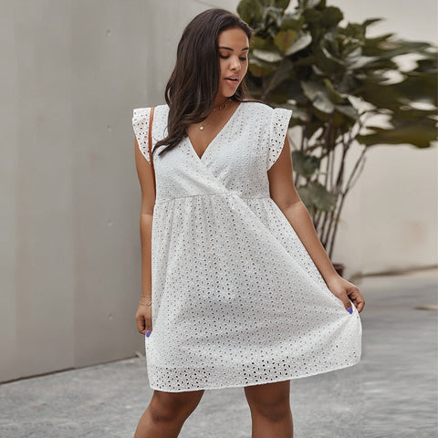 Vestido corto para mujer con bordado calado de estilo cruzado - Camila