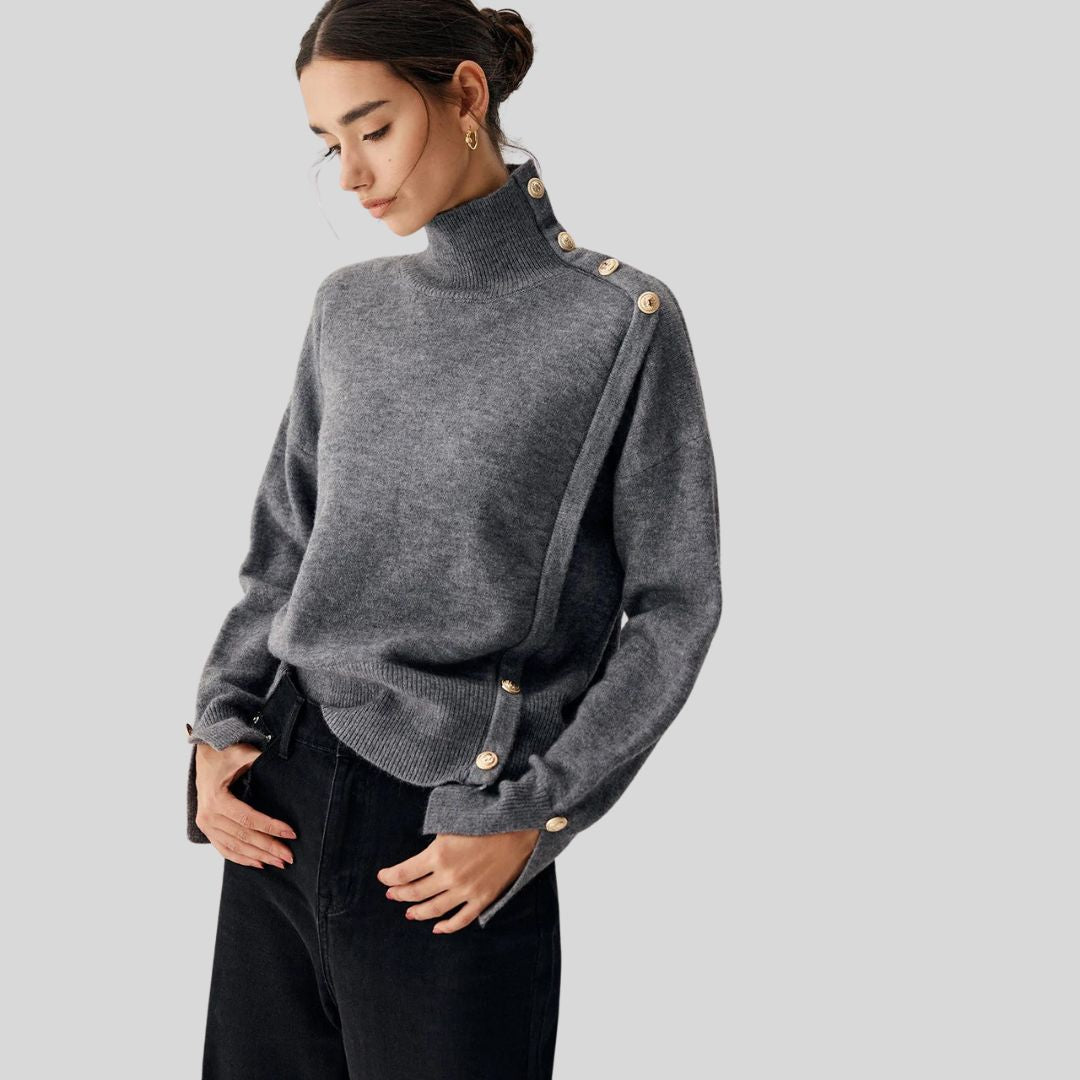 Joena - Jersey de cuello alto con detalle de botones asimétricos