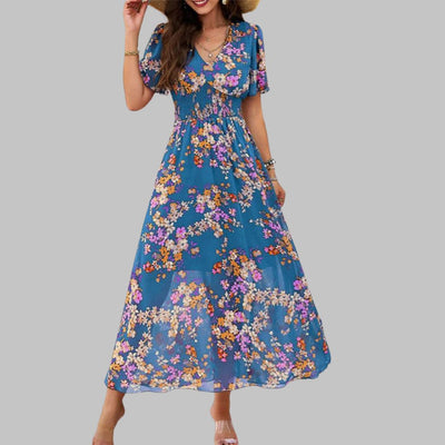 Mareina - Vestido midi floral con escote en V y manga corta