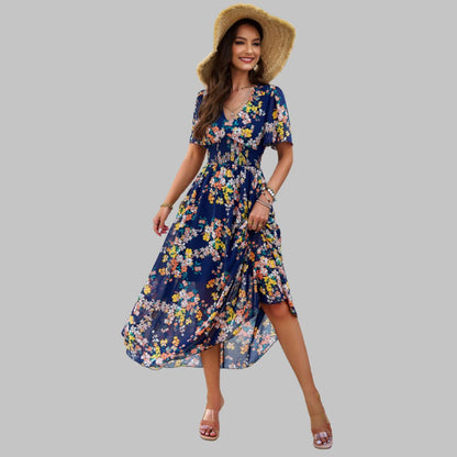 Mareina - Vestido midi floral con escote en V y manga corta