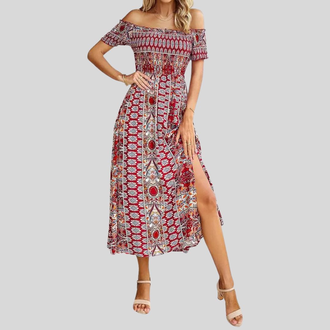 Aurora - Maxivestido boho con hombros al descubierto y volantes