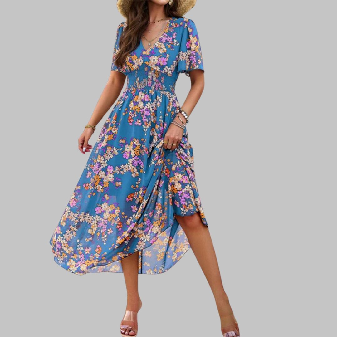 Mareina - Vestido midi floral con escote en V y manga corta