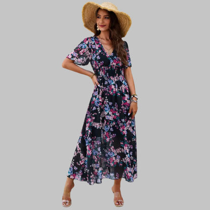 Mareina - Vestido midi floral con escote en V y manga corta