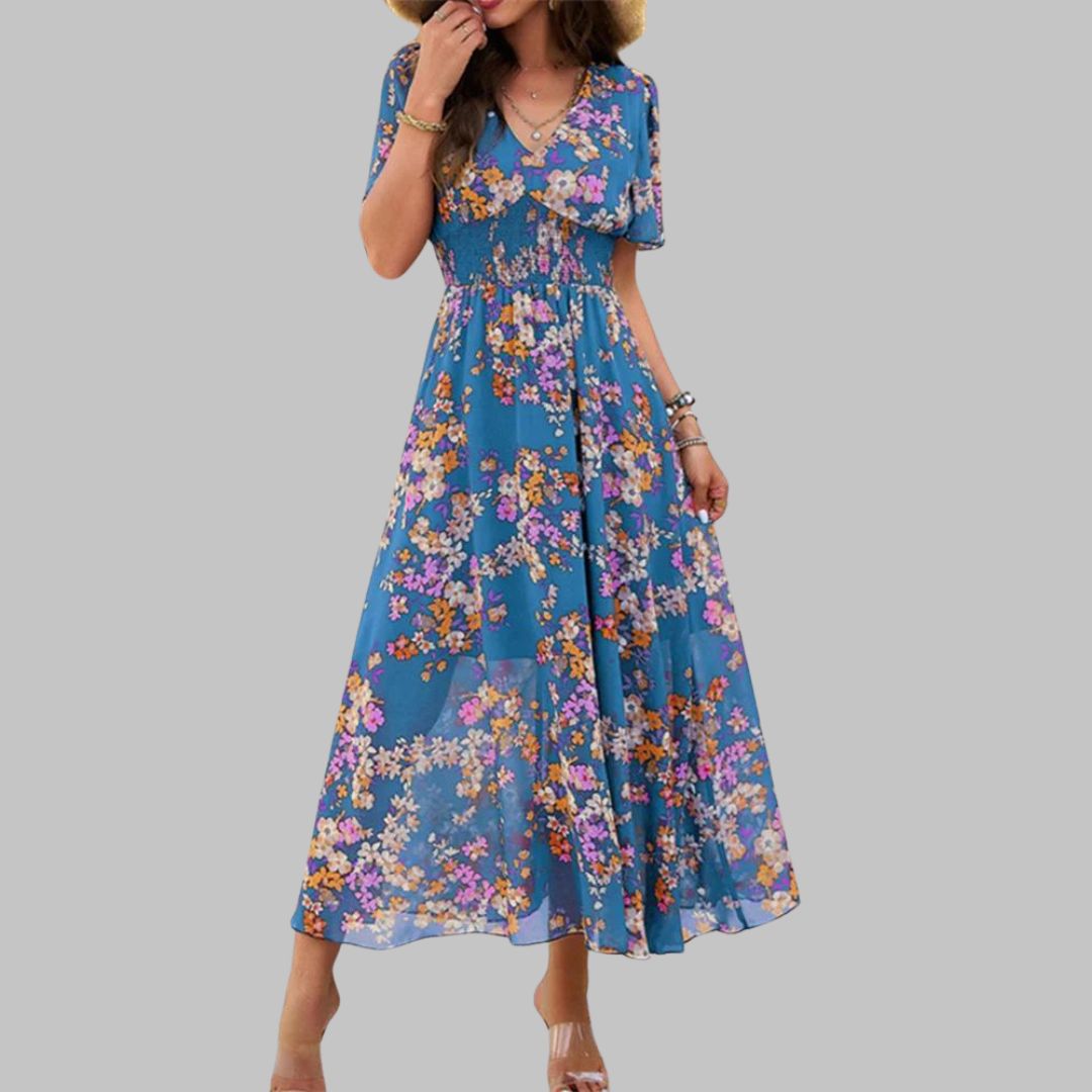 Mareina - Vestido midi floral con escote en V y manga corta