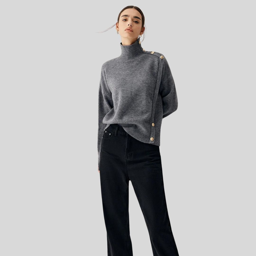 Joena - Jersey de cuello alto con detalle de botones asimétricos