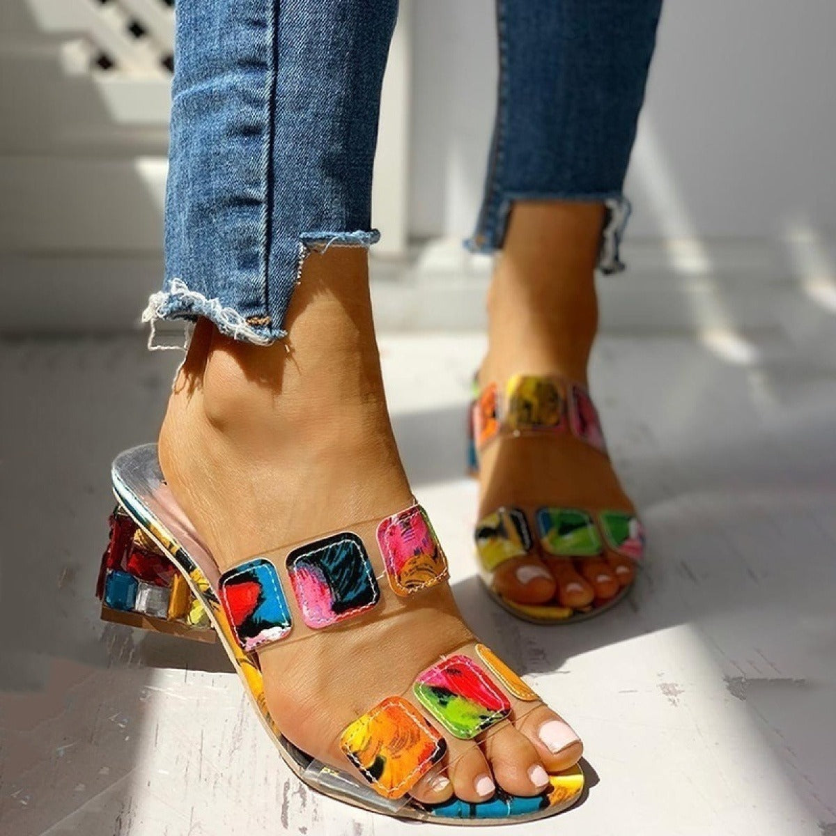 Sandalias de tacón grueso mujer diseño multicolor artístico - Camila