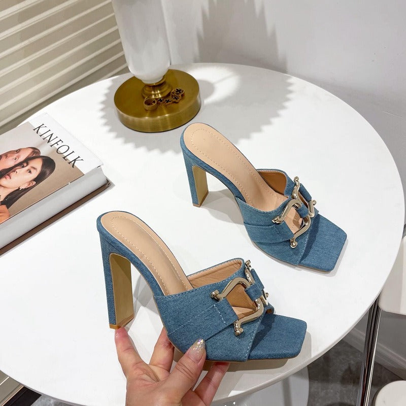 Sandalias de tacón alto mujer doble hebilla metálica negro elegante - Kalisa