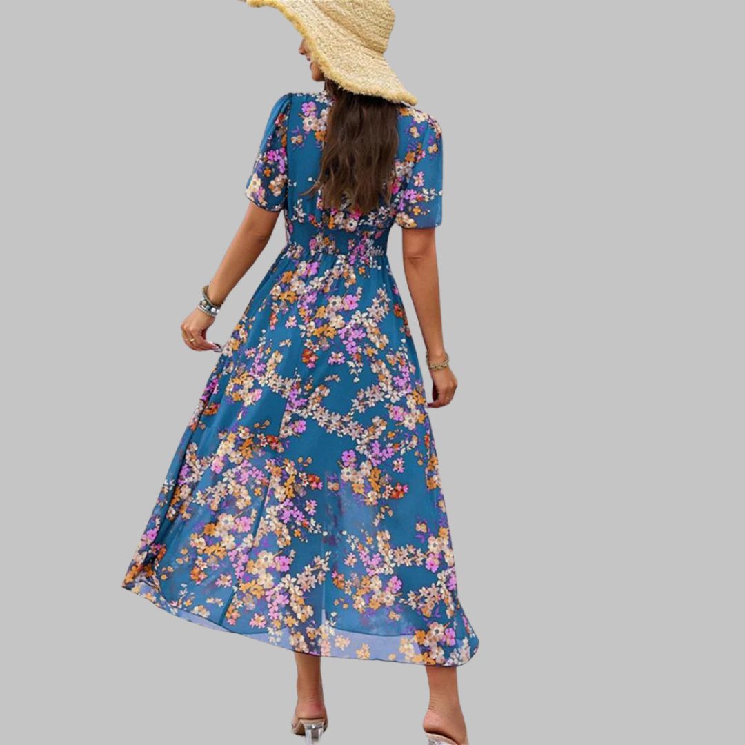 Mareina - Vestido midi floral con escote en V y manga corta