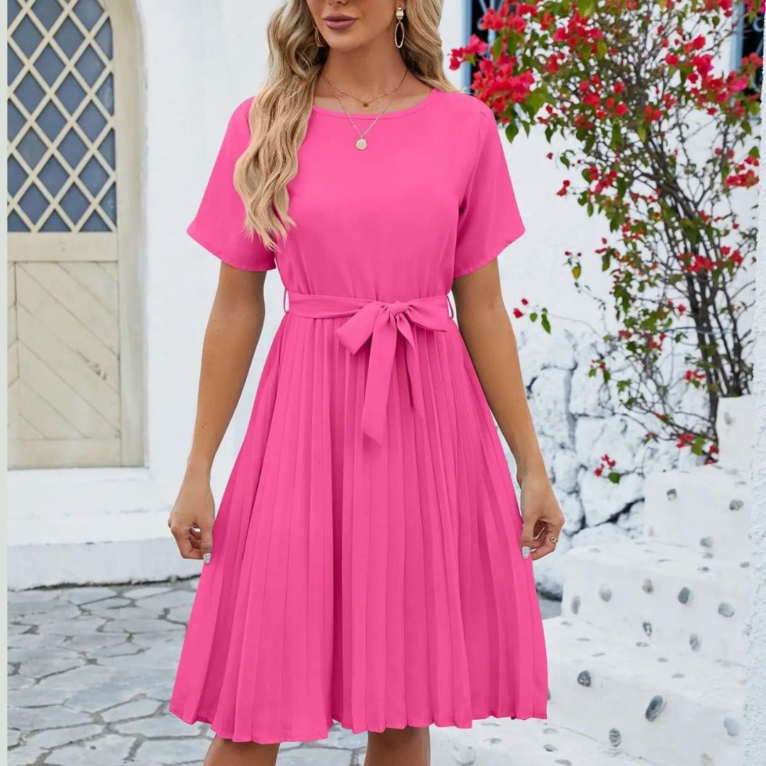 Bellavie - Vestido midi plisado clásico con lazo en la cintura