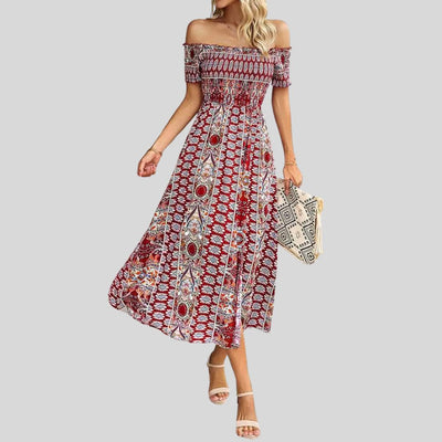 Aurora - Maxivestido boho con hombros al descubierto y volantes