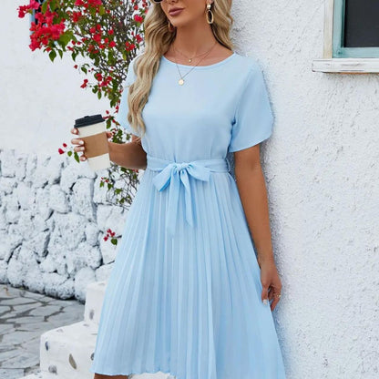 Bellavie - Vestido midi plisado clásico con lazo en la cintura