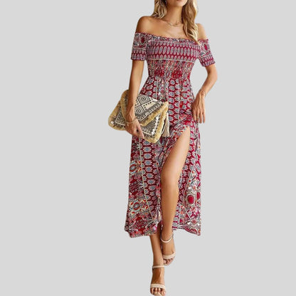 Aurora - Maxivestido boho con hombros al descubierto y volantes