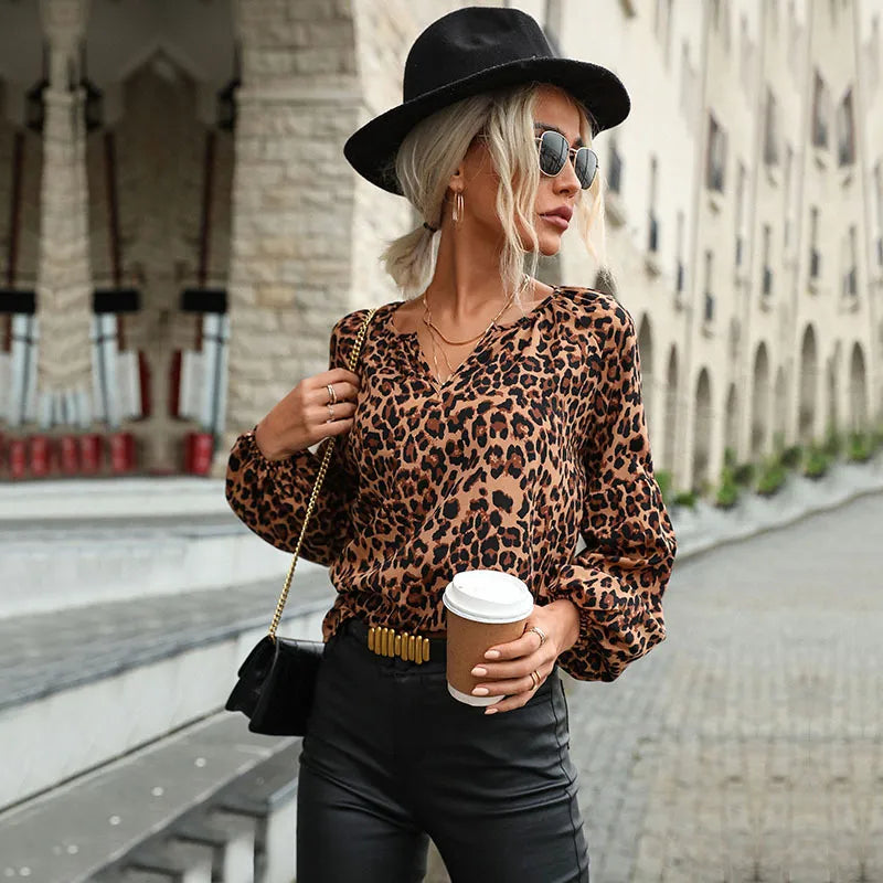 Blusa de mujer retro con estampado leopardo y manga larga - Lina