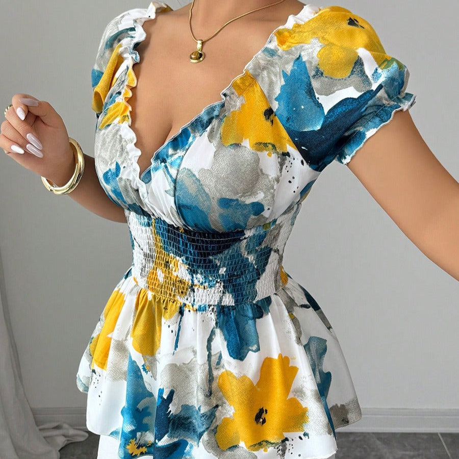 Blusa para mujer de escote pronunciado estampado floral corte peplum - Yelina