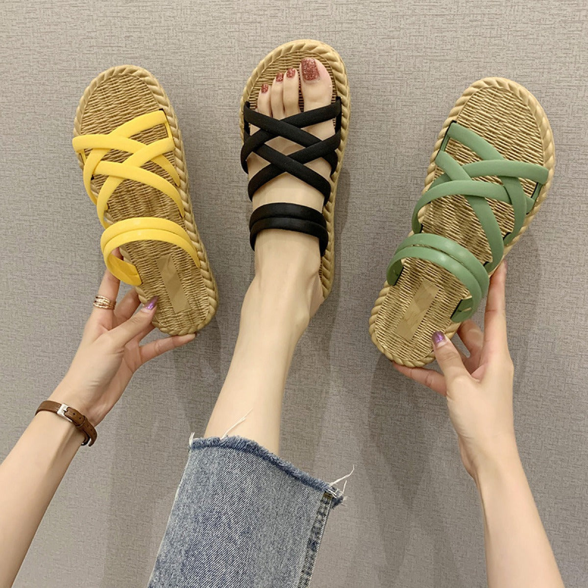 Sandalias planas mujer tiras cruzadas estilo romano amarillo - Soléa