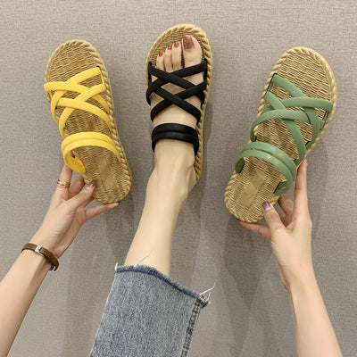 Sandalias planas mujer tiras cruzadas estilo romano amarillo - Soléa