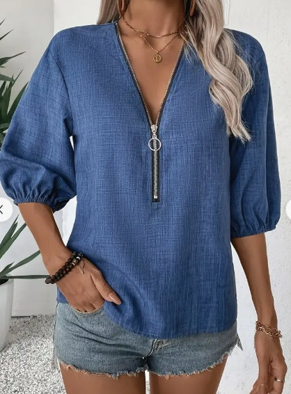 Elizabeth - Elegante blusa de mujer con profundo escote en V y cierre de cremallera