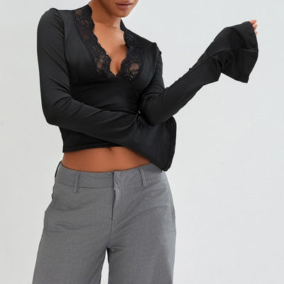 Sissi - Camiseta con cuello en V estrecho de encaje