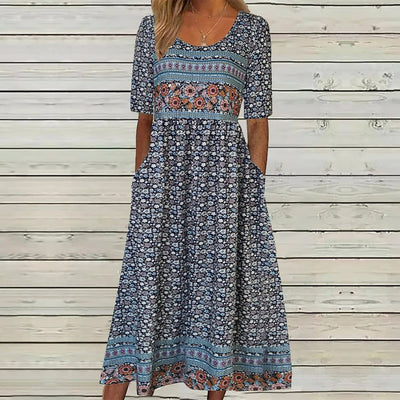 Vestido midi juvenil con cuello redondo y bolsillo lateral