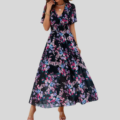 Mareina - Vestido midi floral con escote en V y manga corta