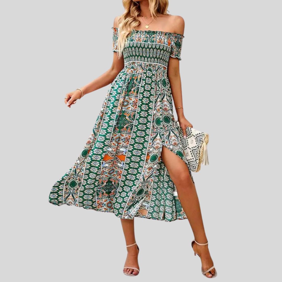 Aurora - Maxivestido boho con hombros al descubierto y volantes