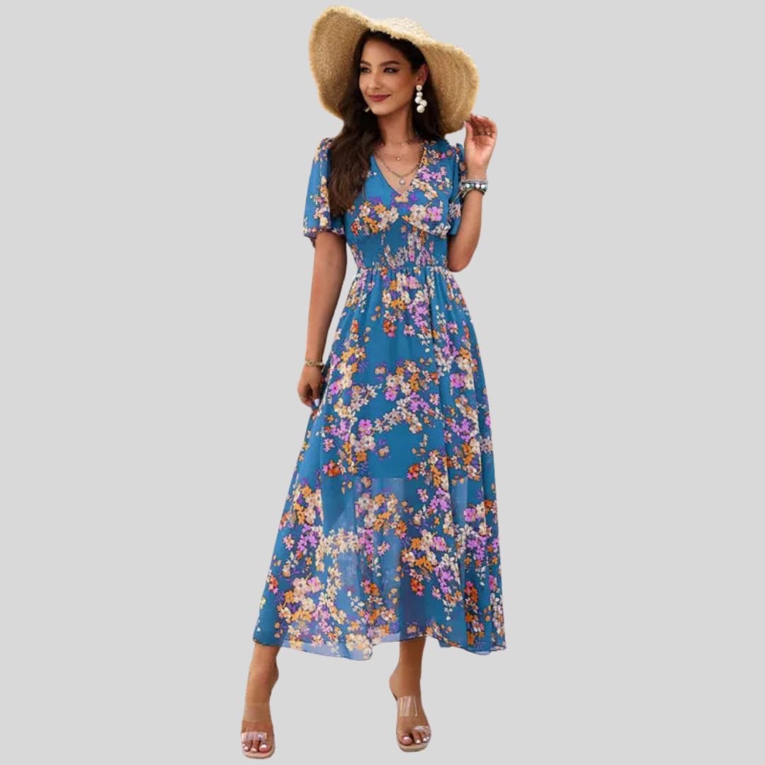 Mareina - Vestido midi floral con escote en V y manga corta