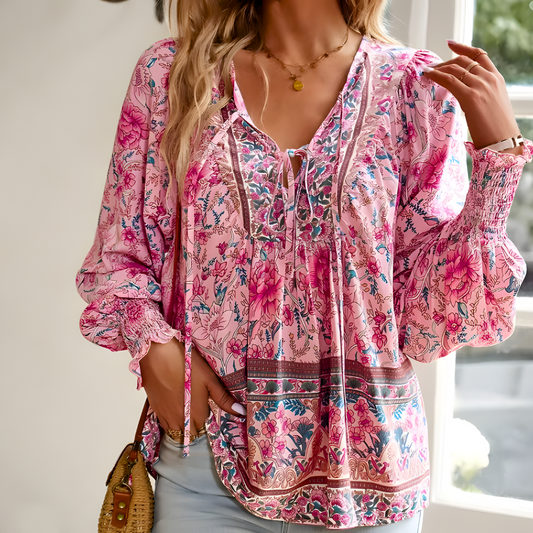 Celeste - Elegante blusa de mujer con estampado floral