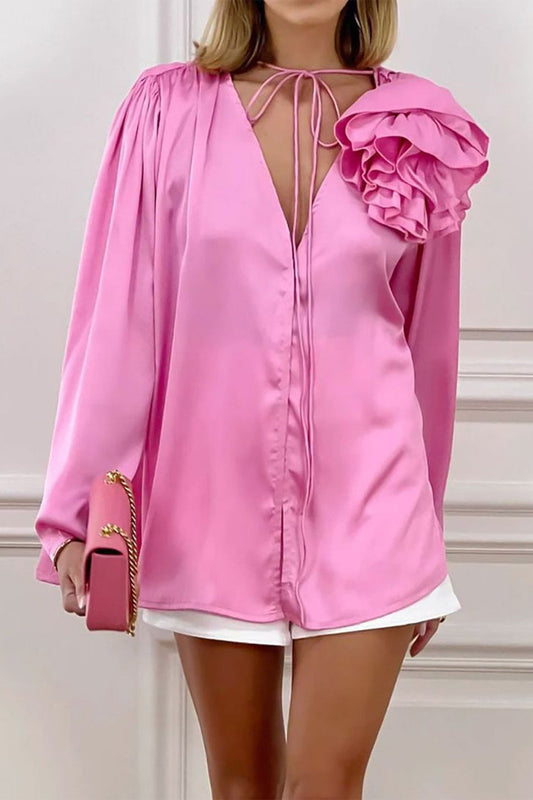 Victoria - Blusa rosa de encaje floral fruncido con cuello en V