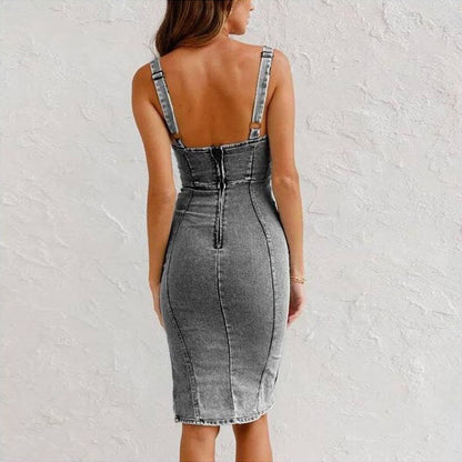 Vestido ajustado para mujer denim con abertura y tirantes - Aitana
