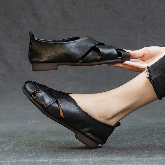 Zapatos planos mujer piel auténtica puntera abierta negro elegante - Nayra